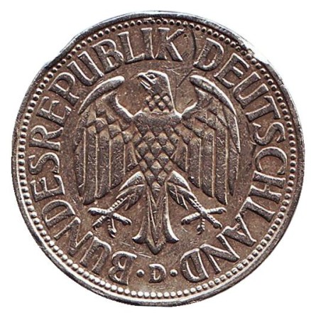 Монета 1 марка. 1966 год (D), ФРГ. Монета 1 марка. 1966 год (D), ФРГ.