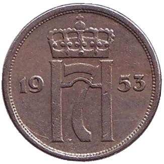 Монета 10 эре. 1953 год, Норвегия.
