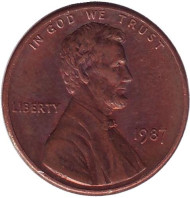 Монета 1 цент. 1987 год (P), США. Линкольн. Монета 1 цент. 1987 год (P), США. Линкольн.