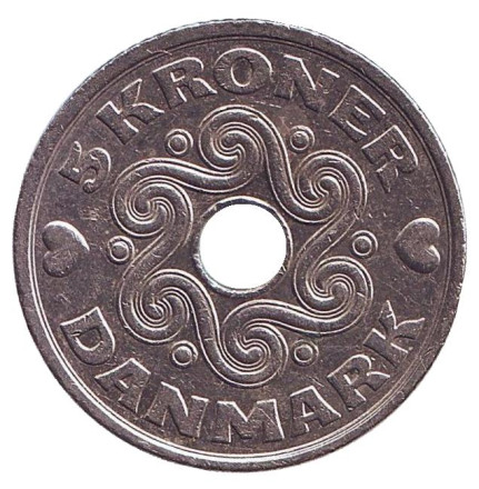 Монета 5 крон. 1995 год, Дания.