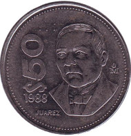 Монета 50 песо. 1988 год, Мексика. Тип 1. Бенито Хуарес.