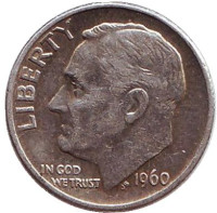 Рузвельт. Монета 10 центов. 1960 год, США. Без обозначения монетного двора.