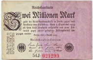 Рейхсбанкнота 2 миллиона марок. 1923 год, Веймарская республика. Тип 2. Рейхсбанкнота 2 миллиона марок. 1923 год, Веймарская республика. Тип 2.