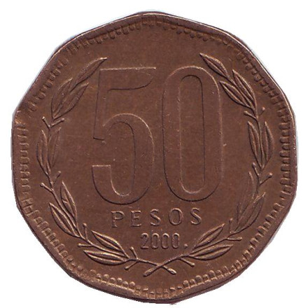 Монета 50 песо. 2000 год, Чили. Бернардо О’Хиггинс. Монета 50 песо. 2000 год, Чили. Бернардо О’Хиггинс.