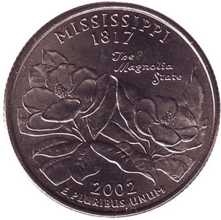 Монета 25 центов (D). 2002 год, США. Миссисипи. Штат № 20.