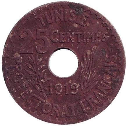 Монета 25 сантимов. 1919 год, Тунис (протекторат Франции).
