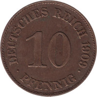 Монета 10 пфеннигов. 1909 год (Е), Германская империя. Нечастая. Монета 10 пфеннигов. 1909 год (Е), Германская империя. Нечастая.