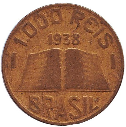 Монета 1000 рейсов. 1938 год, Бразилия. Библия.