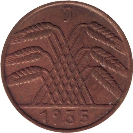 Монета 10 рейхспфеннигов. 1935 (J) год, Веймарская республика. Монета 10 рейхспфеннигов. 1935 (J) год, Веймарская республика.