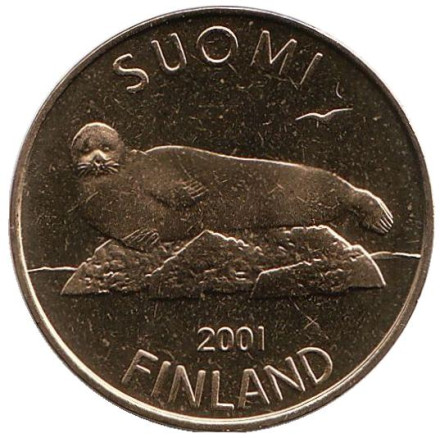 Монета 5 марок. 2001 год, Финляндия. UNC. Тюлень.
