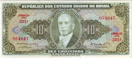 Банкнота 10 крузейро. 1962 год, Бразилия. Жетулиу Варгас.