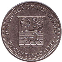 Герб Венесуэлы. Монета 50 сентимо, 1988 год, Венесуэла.