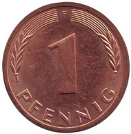 Монета 1 пфенниг. 1983 год (F), ФРГ. Дубовые листья. Монета 1 пфенниг. 1983 год (F), ФРГ. Дубовые листья.