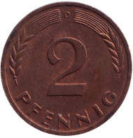 Монета 2 пфеннига. 1961 год (D), ФРГ. Дубовые листья. Монета 2 пфеннига. 1961 год (D), ФРГ. Дубовые листья.