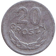 Монета 20 грошей. 1966 год, Польша.