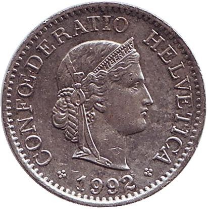 Монета 10 раппенов. 1992 год, Швейцария. Монета 10 раппенов. 1992 год, Швейцария.