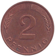 Монета 2 пфеннига. 1983 год (D), ФРГ. Дубовые листья. Монета 2 пфеннига. 1983 год (D), ФРГ. Дубовые листья.