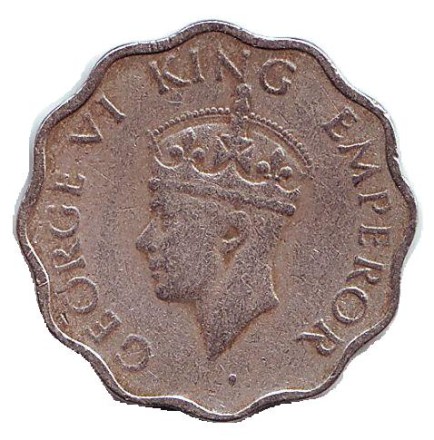 Монета 1 анна. 1940 год, Индия Британская. ("•" - Бомбей, лилии на короне не пересекают полудугу).