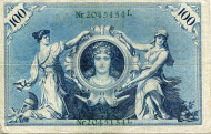 Рейхсбанкнота 100 марок. 1908 год, Германская империя. Рейхсбанкнота 100 марок. 1908 год, Германская империя.