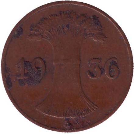Монета 1 рейхспфенниг. 1936 год (J), Веймарская республика. Монета 1 рейхспфенниг. 1936 год (J), Веймарская республика.