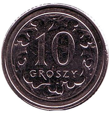 Монета 10 грошей. 2017 год, Польша.