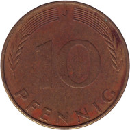 Монета 10 пфеннигов. 1973 год (J), ФРГ. Дубовые листья. Монета 10 пфеннигов. 1973 год (J), ФРГ. Дубовые листья.