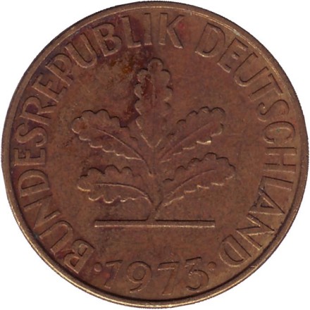 Монета 10 пфеннигов. 1973 год (J), ФРГ. Дубовые листья. Монета 10 пфеннигов. 1973 год (J), ФРГ. Дубовые листья.