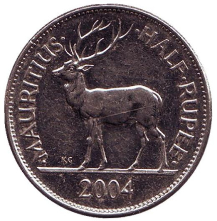 Монета 1/2 рупии. 2004 год, Маврикий. Олень. Сивусагур Рамгулам.