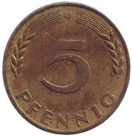 Монета 5 пфеннигов. 1950 год (D), ФРГ. Дубовые листья. Монета 5 пфеннигов. 1950 год (D), ФРГ. Дубовые листья.
