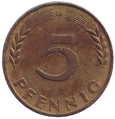Монета 5 пфеннигов. 1950 год (D), ФРГ. Дубовые листья.