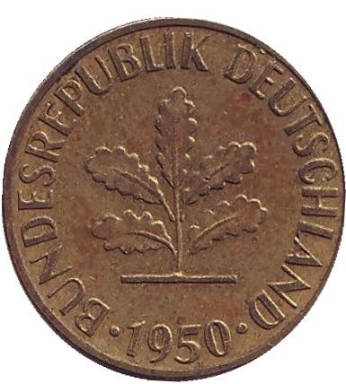 Монета 5 пфеннигов. 1950 год (D), ФРГ. Дубовые листья. Монета 5 пфеннигов. 1950 год (D), ФРГ. Дубовые листья.