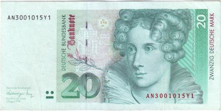 Банкнота 20 марок. 1991 год, ФРГ. Аннет фон Дросте-Хюльсхофф.