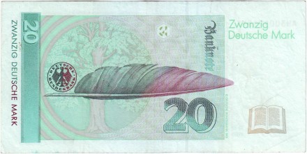 Банкнота 20 марок. 1991 год, ФРГ. Аннет фон Дросте-Хюльсхофф. Банкнота 20 марок. 1991 год, ФРГ. Аннет фон Дросте-Хюльсхофф.
