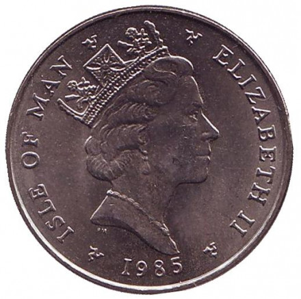 Монета 5 пенсов. 1985 год, Остров Мэн. (AA) Растение Крестовик.