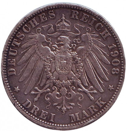 Монета 3 марки. 1908 год, Германская империя. Пруссия. Монета 3 марки. 1908 год, Германская империя. Пруссия.