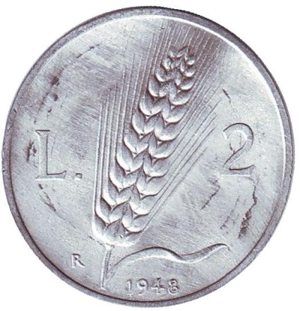 Монета 2 лиры. 1948 год, Италия.