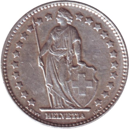 Монета 1 франк. 1960 год, Швейцария. Гельвеция. Монета 1 франк. 1960 год, Швейцария. Гельвеция.