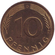Монета 10 пфеннигов. 1990 год (G), ФРГ. Дубовые листья. Монета 10 пфеннигов. 1990 год (G), ФРГ. Дубовые листья.