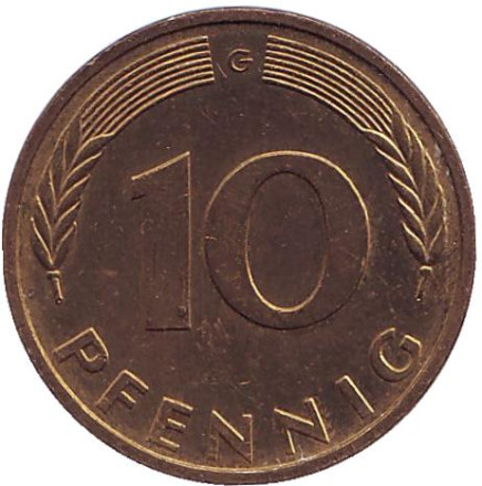 Монета 10 пфеннигов. 1990 год (G), ФРГ. Дубовые листья.
