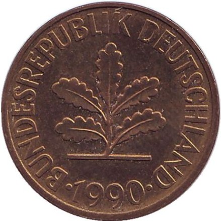 Монета 10 пфеннигов. 1990 год (G), ФРГ. Дубовые листья.