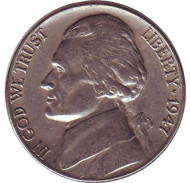 Монета 5 центов. 1947 год, США. Джефферсон. Монтичелло. Монета 5 центов. 1947 год, США. Джефферсон. Монтичелло.