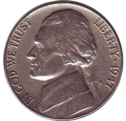Монета 5 центов. 1947 год, США. Джефферсон. Монтичелло.