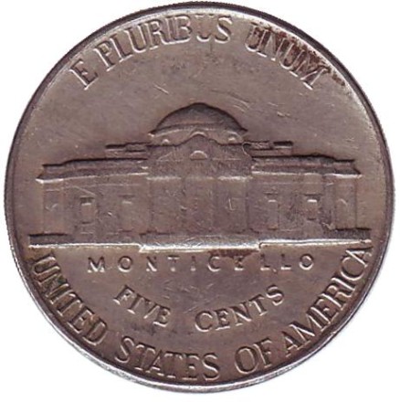 Монета 5 центов. 1947 год, США. Джефферсон. Монтичелло.