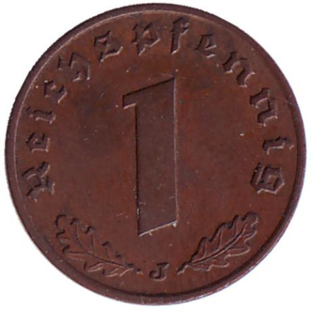 Монета 1 рейхспфенниг. 1937 год (J), Третий Рейх (Германия).