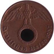 Монета 1 рейхспфенниг. 1937 год, Германия (Третий Рейх). (J). Монета 1 рейхспфенниг. 1937 год, Германия (Третий Рейх). (J).