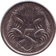 Монета 5 центов. 2011 год, Австралия. Ехидна. Монета 5 центов. 2011 год, Австралия. Ехидна.