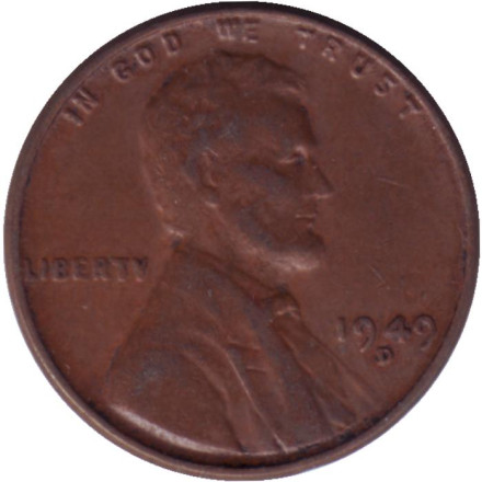 Монета 1 цент. 1949 год (D), США. Линкольн.