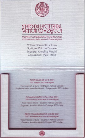 Монета 2 евро. 2021 год, Ватикан. 700 лет со дня смерти Данте Алигьери. Монета 2 евро. 2021 год, Ватикан. 700 лет со дня смерти Данте Алигьери.