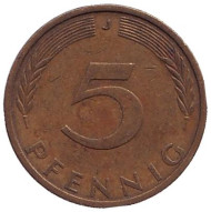 Монета 5 пфеннигов. 1972 год (J), ФРГ. Дубовые листья. Монета 5 пфеннигов. 1972 год (J), ФРГ. Дубовые листья.