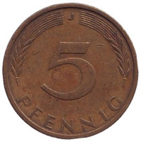 Дубовые листья. Монета 5 пфеннигов. 1972 год (J), ФРГ.